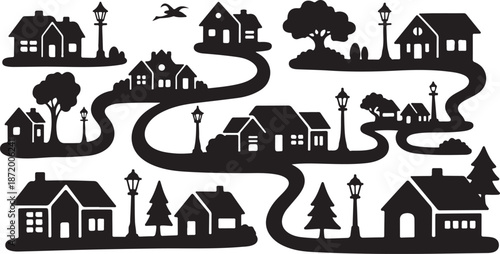 Black and White Silhouette of a Quaint Neighborhood Scene