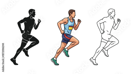 Male runner in motion, silhouette, color illustration, and outline drawing