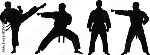 Martial arts silhouette, fighter pose, black vector, combat stance, training icon, sport graphic, discipline, strength, action, techniqueMartial arts silhouette, fighter pose, black vector