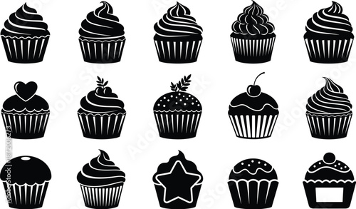 Cupcake silhouette, dessert icon, black vector, sweet treat, bakery graphic, frosting design, food illustration, snack, pastry, decoration, styleCupcake silhouette, dessert icon, black vector