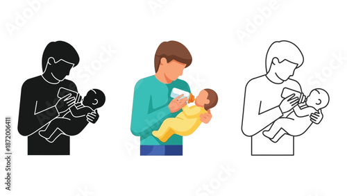 Father feeding baby with a bottle, silhouette, color illustration, and outline drawing