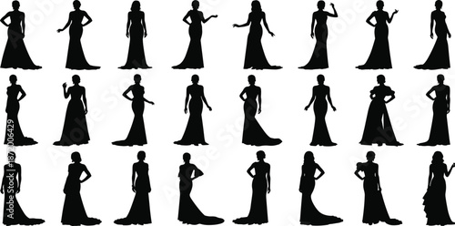 Elegant dress silhouette, fashion pose, black vector, woman icon, gown illustration, style, beauty, graphic, design, formal wear, modelElegant dress silhouette, fashion pose, black vector