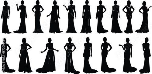 Elegant woman silhouette, fashion dress, black vector, formal pose, gown icon, graphic, illustration, beauty, style, model, designElegant woman silhouette, fashion dress, black vector, formal pose