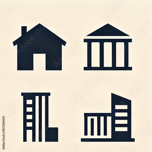 Building Icons Set: House, Courthouse, Skyscraper, Modern Office