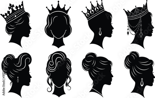 Woman profile silhouette, crown icon, hairstyle vector, black graphic, elegant head, beauty illustration, fashion, style, queen, princess, jewelryWoman profile silhouette, crown icon