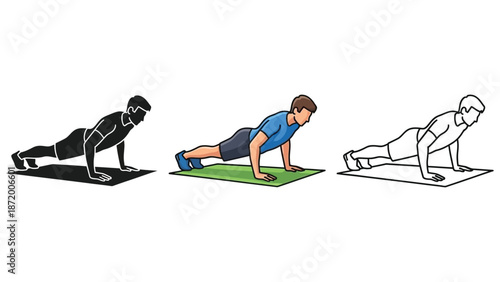 Man doing pushups on exercise mat, silhouette, color illustration, and outline drawing