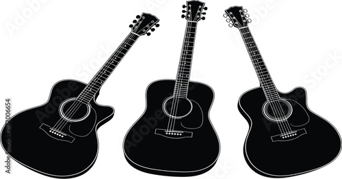 Acoustic guitar silhouette, black vector, musical instrument icon, stringed instrument, sound hole, headstock design, music, performance, artAcoustic guitar silhouette, black vector