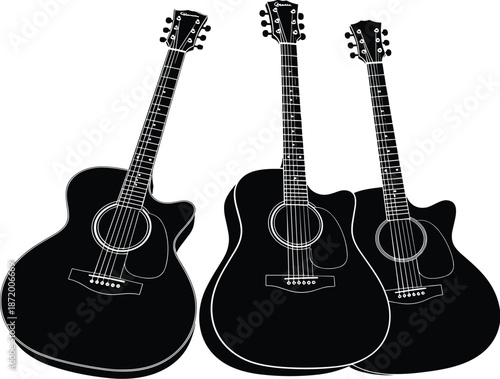 Acoustic guitar silhouette, black vector, musical instrument icon, stringed instrument, sound hole, headstock design, music, performance, art, shapeAcoustic guitar silhouette
