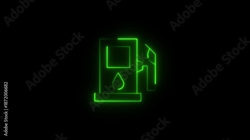 neon gas station icon animation,glowing neon gasoline pump nozzle icon isolated on black background, Fuel pump petrol station. oil pump nozzle icon animation, 4k video footage.
