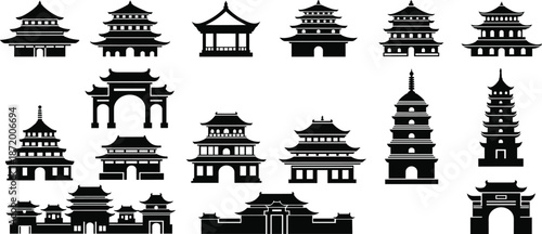 PrintChinese architecture silhouette, pagoda icon, temple vector, black graphic, cultural heritage, traditional building, illustration, design, structure, AsiaChinese architecture silhouette