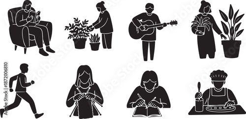 Various daily life activities in black silhouette style icons