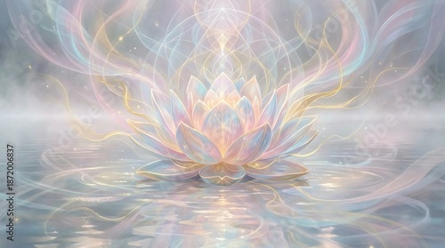 A glowing lotus flower in a dark pond, symbolizing spiritual awakening and purity emerging from the mud of the material world.
