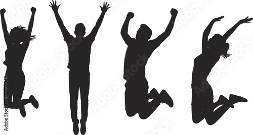 Black Silhouettes of Four People Jumping Joyfully on White Background happy celebration