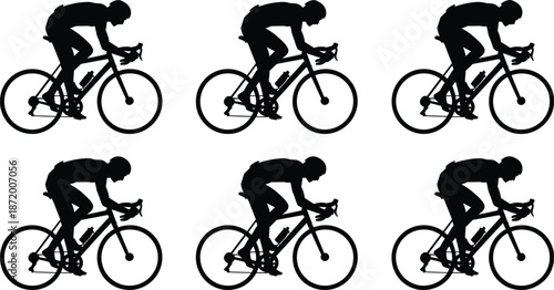 Black Silhouettes Of Cyclists On Racing Bikes On White Background Keywords: cyclist, cycling, bicycle, racing bike, silhouette