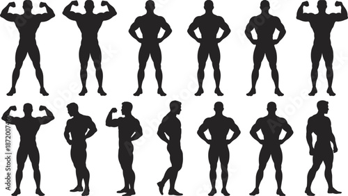 Collection of twelve male bodybuilder silhouettes in various poses on white background Keywords: bodybuilder, silhouette, male