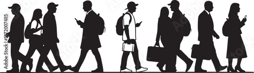 Silhouettes of people walking in a busy urban setting