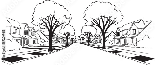 Black and white illustration of suburban neighborhood street scene