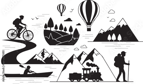 Adventure travel and outdoor activities in nature illustration