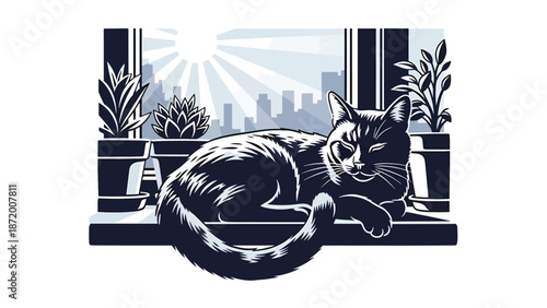 Flat vector illustration of a relaxed domestic cat resting on a sunny windowsill inside a modern living room, cozy home atmosphere, clean outlines, solid colors, perfect for pet lifestyle concepts