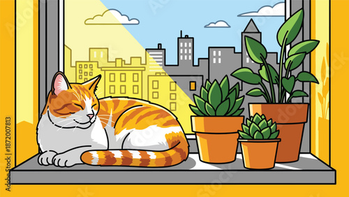 Flat vector illustration of a relaxed domestic cat resting on a sunny windowsill inside a modern living room, cozy home atmosphere, clean outlines, solid colors, perfect for pet lifestyle concepts