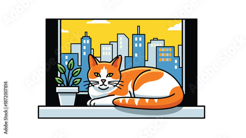 Flat vector illustration of a relaxed domestic cat resting on a sunny windowsill inside a modern living room, cozy home atmosphere, clean outlines, solid colors, perfect for pet lifestyle concepts