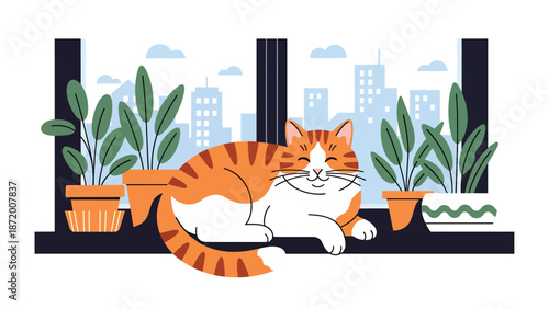 Flat vector illustration of a relaxed domestic cat resting on a sunny windowsill inside a modern living room, cozy home atmosphere, clean outlines, solid colors, perfect for pet lifestyle concepts