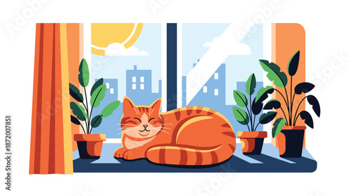 Flat vector illustration of a relaxed domestic cat resting on a sunny windowsill inside a modern living room, cozy home atmosphere, clean outlines, solid colors, perfect for pet lifestyle concepts