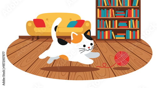 Playful kitten chasing a ball of yarn in a cozy home interior, flat vector illustration with solid colors and clean outlines, cheerful pet activity concept for lifestyle and animal themes
