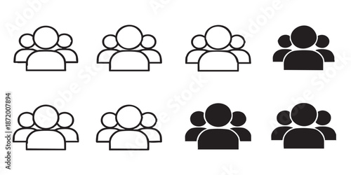 Group people vector icon, simple friends and community symbol, outline and filled style, clean black line and solid design, minimal flat icon, isolated on transparent background, suitable for UI, web,