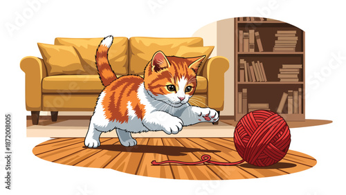 Playful kitten chasing a ball of yarn in a cozy home interior, flat vector illustration with solid colors and clean outlines, cheerful pet activity concept for lifestyle and animal themes
