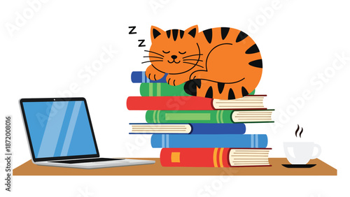 Cute cat sleeping on stacked books in a calm home office scene, flat vector illustration with solid colors and clean lines, ideal for pet lifestyle, education, and cozy interior concepts