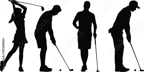 Four Silhouettes of Golfers in Action on White Background sport recreation