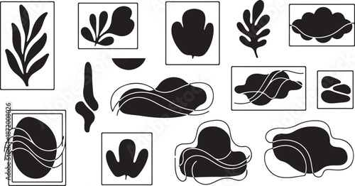 Minimalist Black and White Abstract Shapes and Leaves Collection