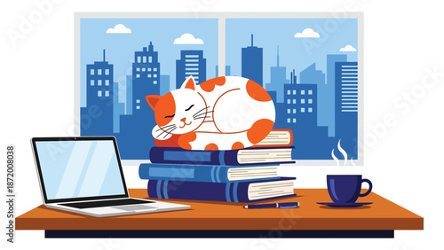 Cute cat sleeping on stacked books in a calm home office scene, flat vector illustration with solid colors and clean lines, ideal for pet lifestyle, education, and cozy interior concepts