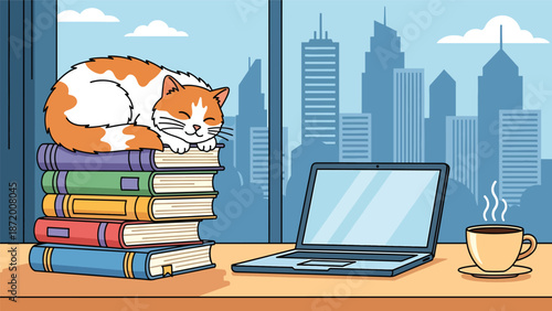Cute cat sleeping on stacked books in a calm home office scene, flat vector illustration with solid colors and clean lines, ideal for pet lifestyle, education, and cozy interior concepts