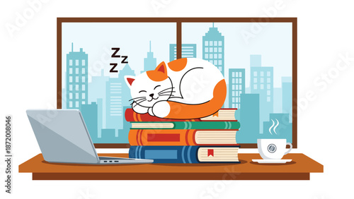 Cute cat sleeping on stacked books in a calm home office scene, flat vector illustration with solid colors and clean lines, ideal for pet lifestyle, education, and cozy interior concepts