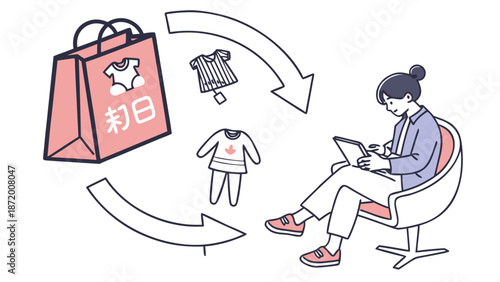 A woman is shopping online for baby clothes, with a shopping bag and clothes depicted in a circular flow.