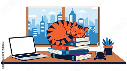 Cute cat sleeping on stacked books in a calm home office scene, flat vector illustration with solid colors and clean lines, ideal for pet lifestyle, education, and cozy interior concepts