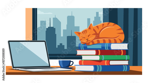Cute cat sleeping on stacked books in a calm home office scene, flat vector illustration with solid colors and clean lines, ideal for pet lifestyle, education, and cozy interior concepts