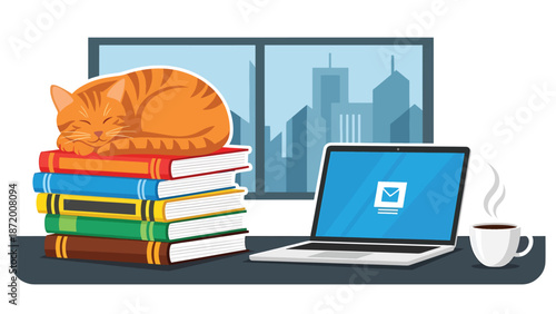 Cute cat sleeping on stacked books in a calm home office scene, flat vector illustration with solid colors and clean lines, ideal for pet lifestyle, education, and cozy interior concepts