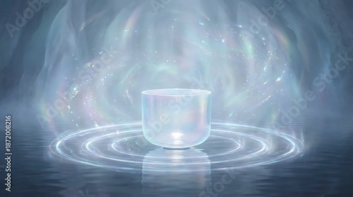 A crystal sound bowl vibrating with pure tones for meditation and healing.
