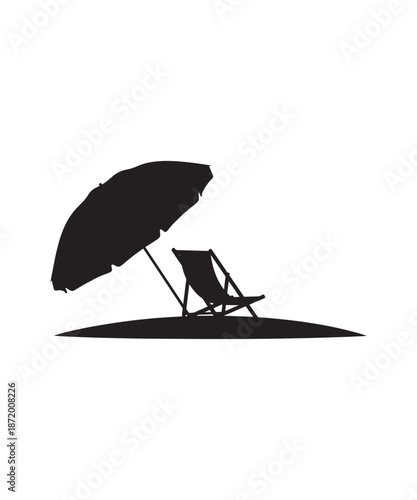 Silhouette of a beach chair and umbrella on a sandy shore, representing a peaceful vacation spot.