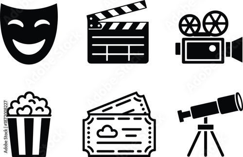 Set of cinema and theater icons including mask popcorn tickets camera and clapperboard Keywords: cinema, theater, movie, film