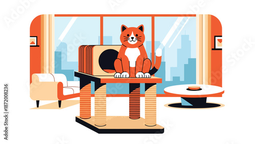 Happy domestic cat sitting on a scratching post in a modern apartment interior, flat vector illustration with solid colors and clean outlines, perfect for pet care and lifestyle visuals