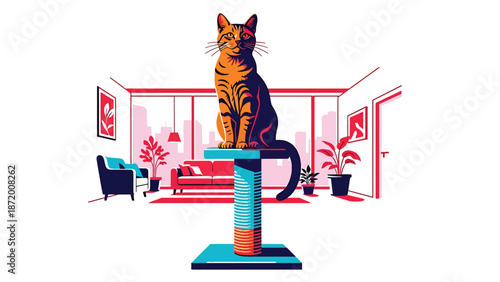 Happy domestic cat sitting on a scratching post in a modern apartment interior, flat vector illustration with solid colors and clean outlines, perfect for pet care and lifestyle visuals