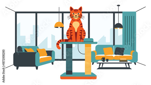 Happy domestic cat sitting on a scratching post in a modern apartment interior, flat vector illustration with solid colors and clean outlines, perfect for pet care and lifestyle visuals