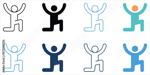 Set of eight stylized human figures in kneeling pose with raised arms Keywords: figure, icon, symbol, person, human, man, woman