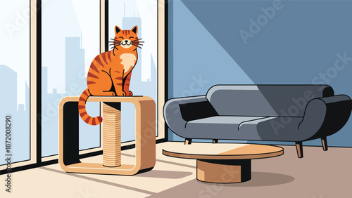 Happy domestic cat sitting on a scratching post in a modern apartment interior, flat vector illustration with solid colors and clean outlines, perfect for pet care and lifestyle visuals