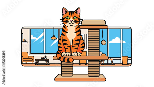 Happy domestic cat sitting on a scratching post in a modern apartment interior, flat vector illustration with solid colors and clean outlines, perfect for pet care and lifestyle visuals