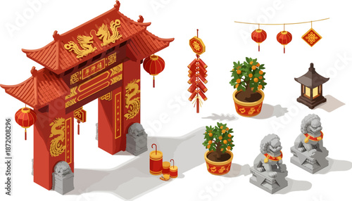 Chinese New Year gate scene with lanterns and statues